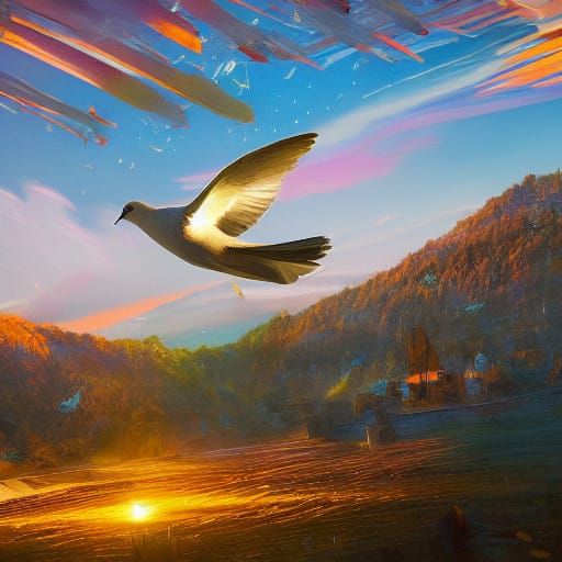Dove Soars Through a Vibrant, Dreamlike Landscape