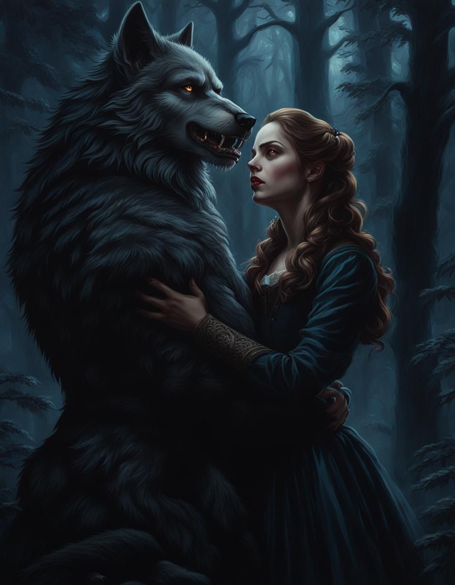 Victorian Woman and Werewolf: Gothic Oil Painting