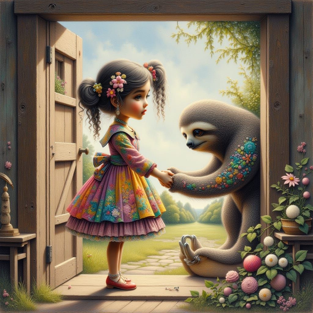 Girl Leads Sloth from Rustic House in Sketch Style