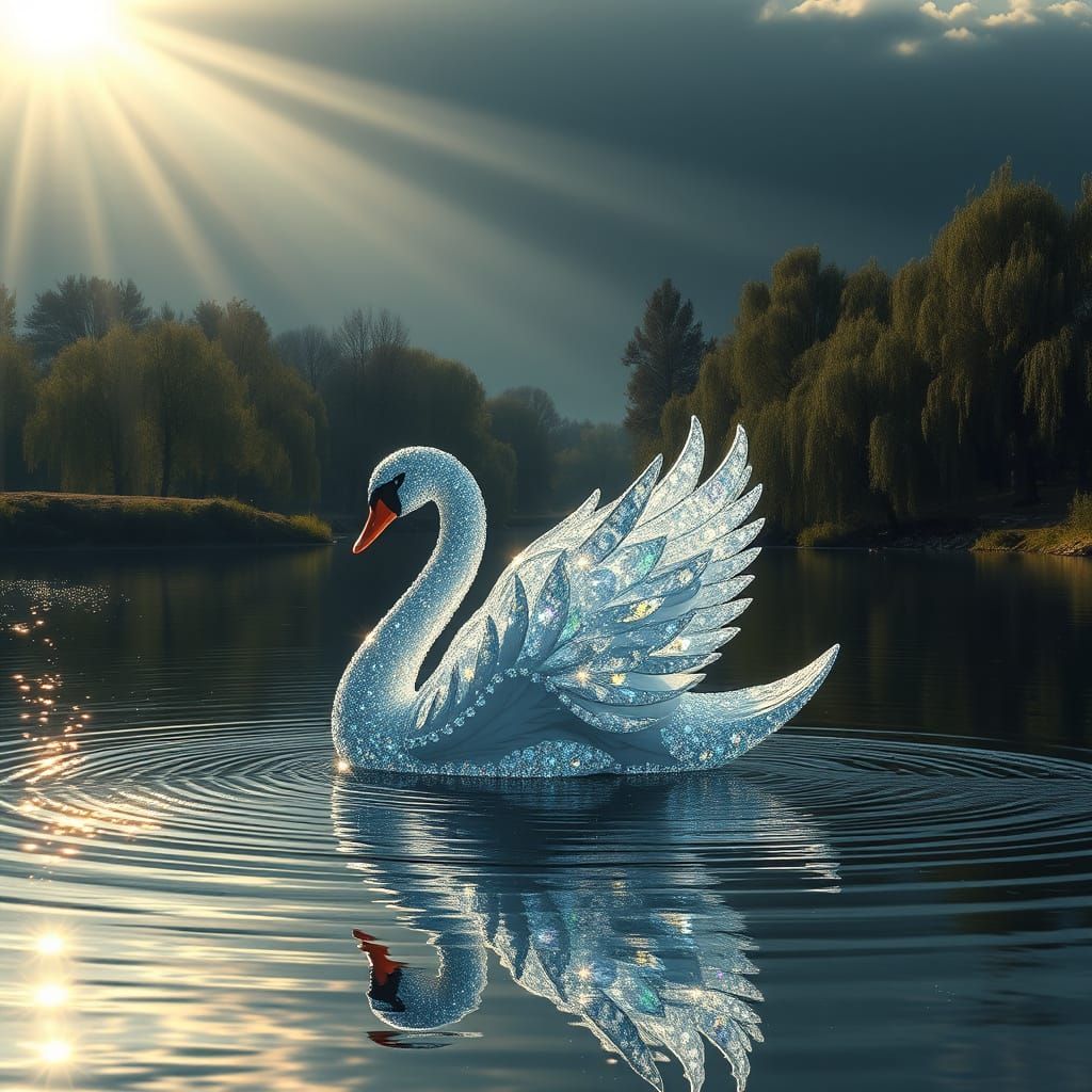 Diamond Swan Glides Across Tranquil Lake
