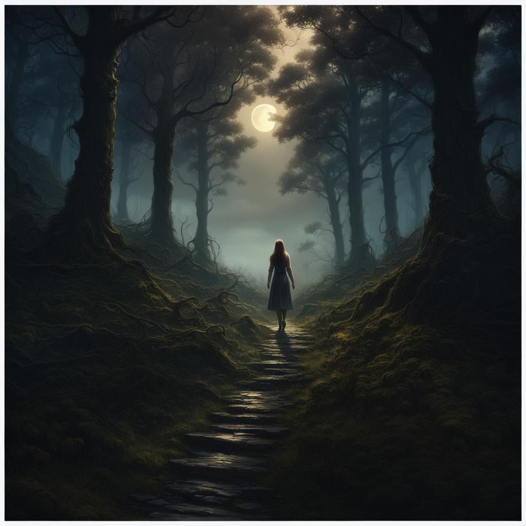 Moonlit Forest Path with Shadowy Figure