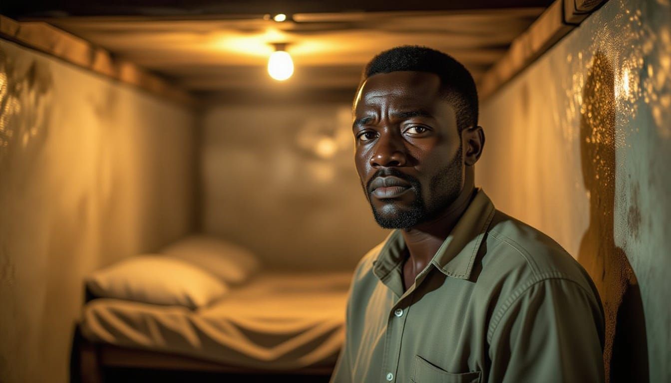 Hopeful African Man in Dimly Lit Basement Room