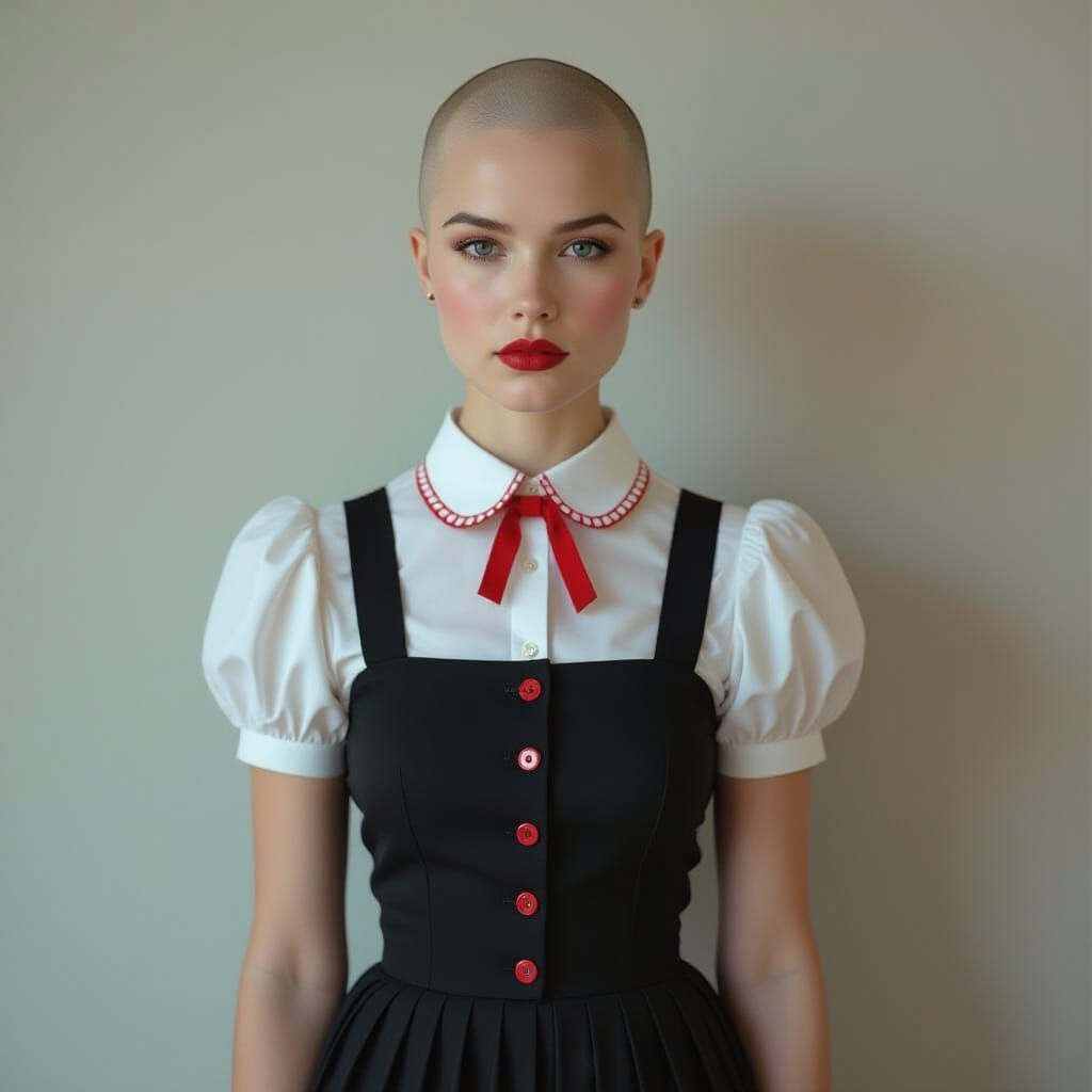 Bald Woman in White Blouse and Black Dress