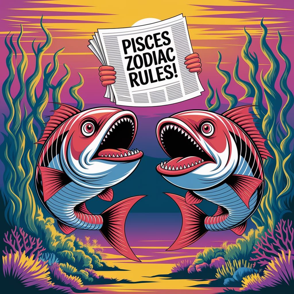 Colossal Piranha Fish Hold Newspaper with Pisces Zodiac Rule...