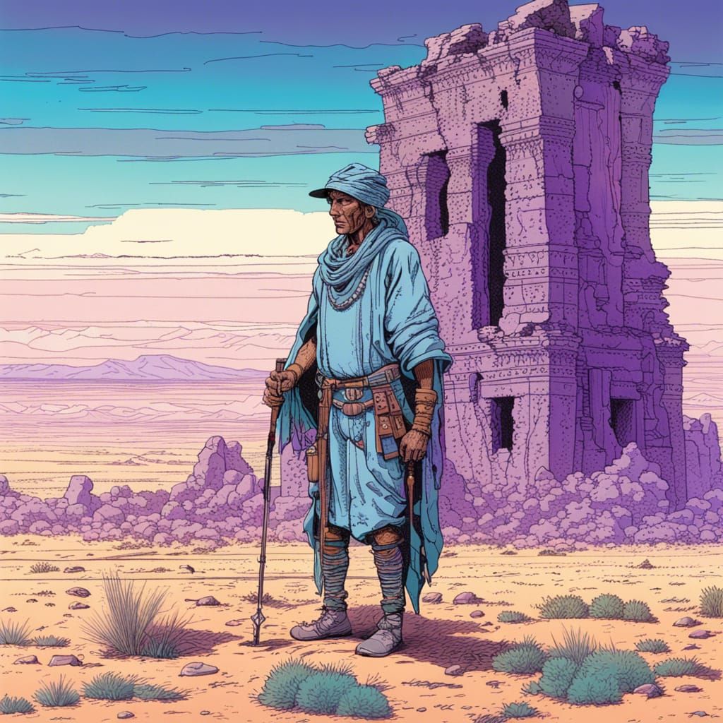 Shaman in Desert Landscape, Ligne Claire Art