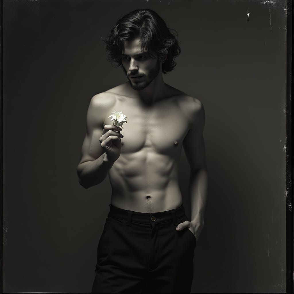 Gorgeous Model with Flower in Film Noir Style