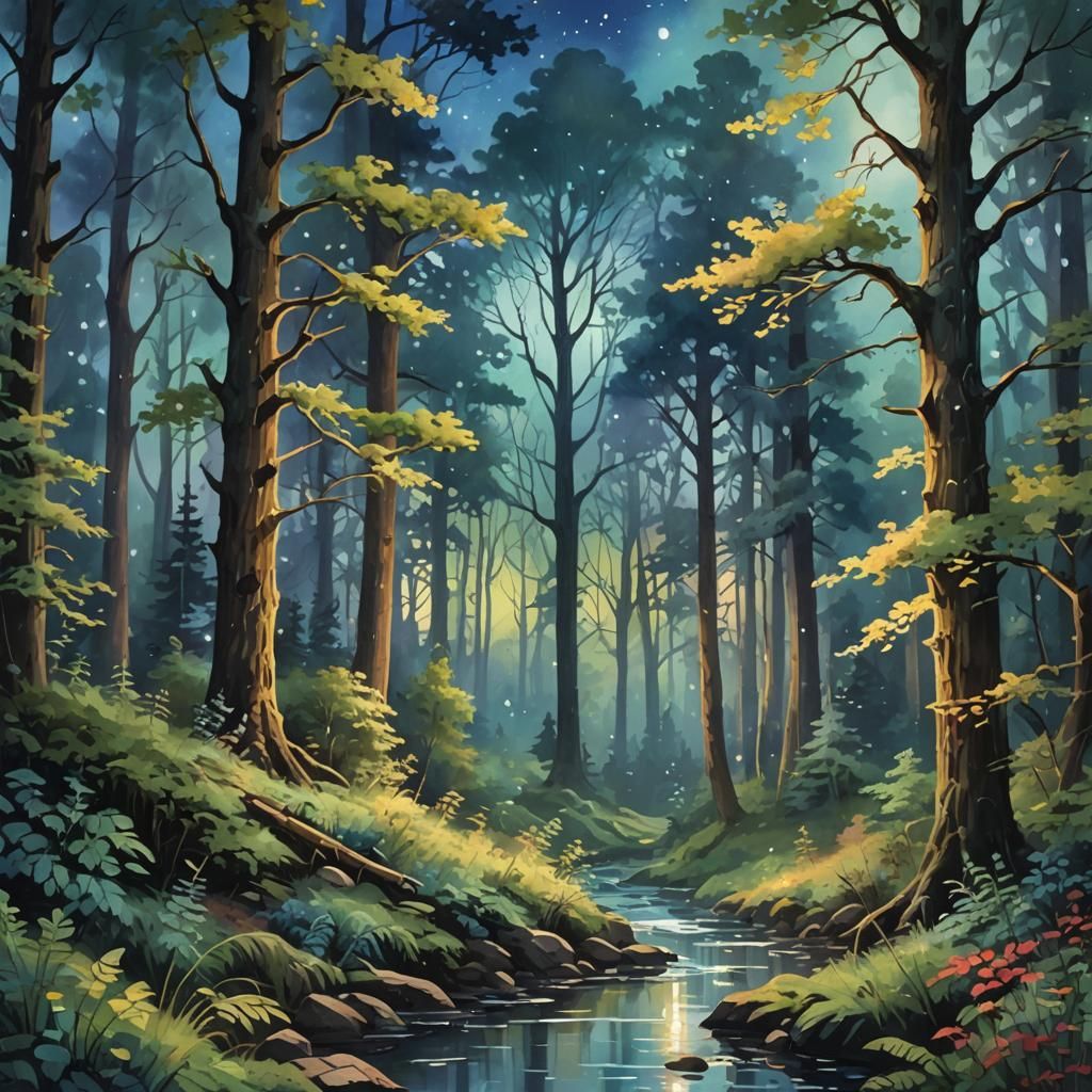 Forest at Night in Gouache Impressionist Style