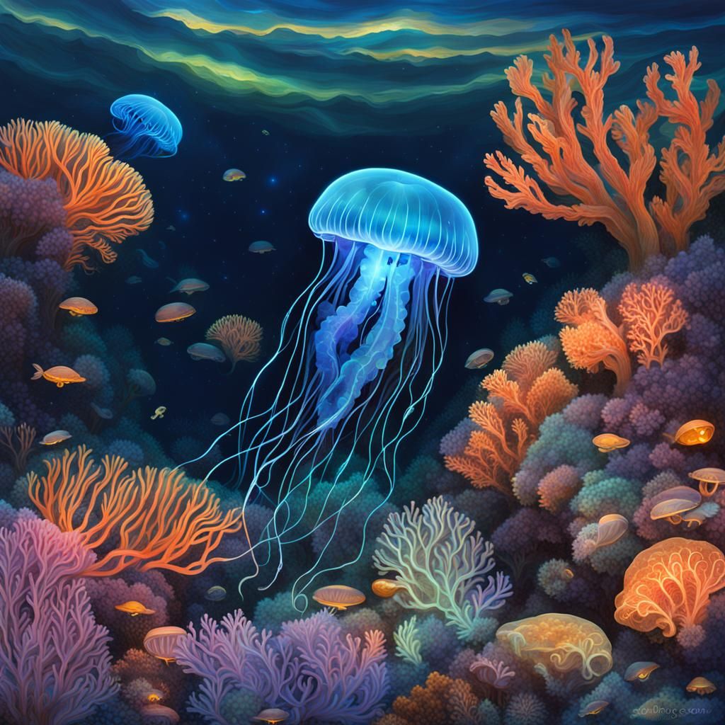 Bioluminescent Jellyfish Drifting Near Coral Reef