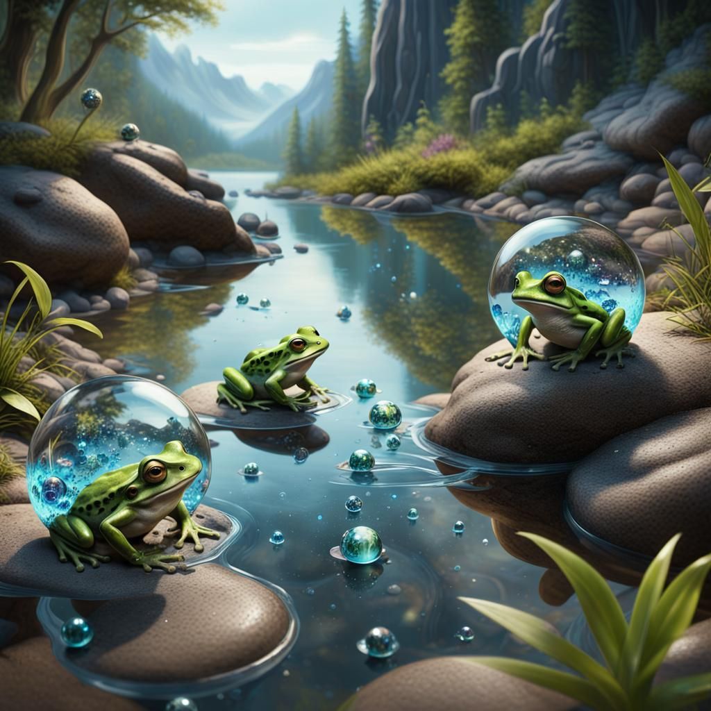Bioluminescent Frogs on a Magical Path, 3D Render