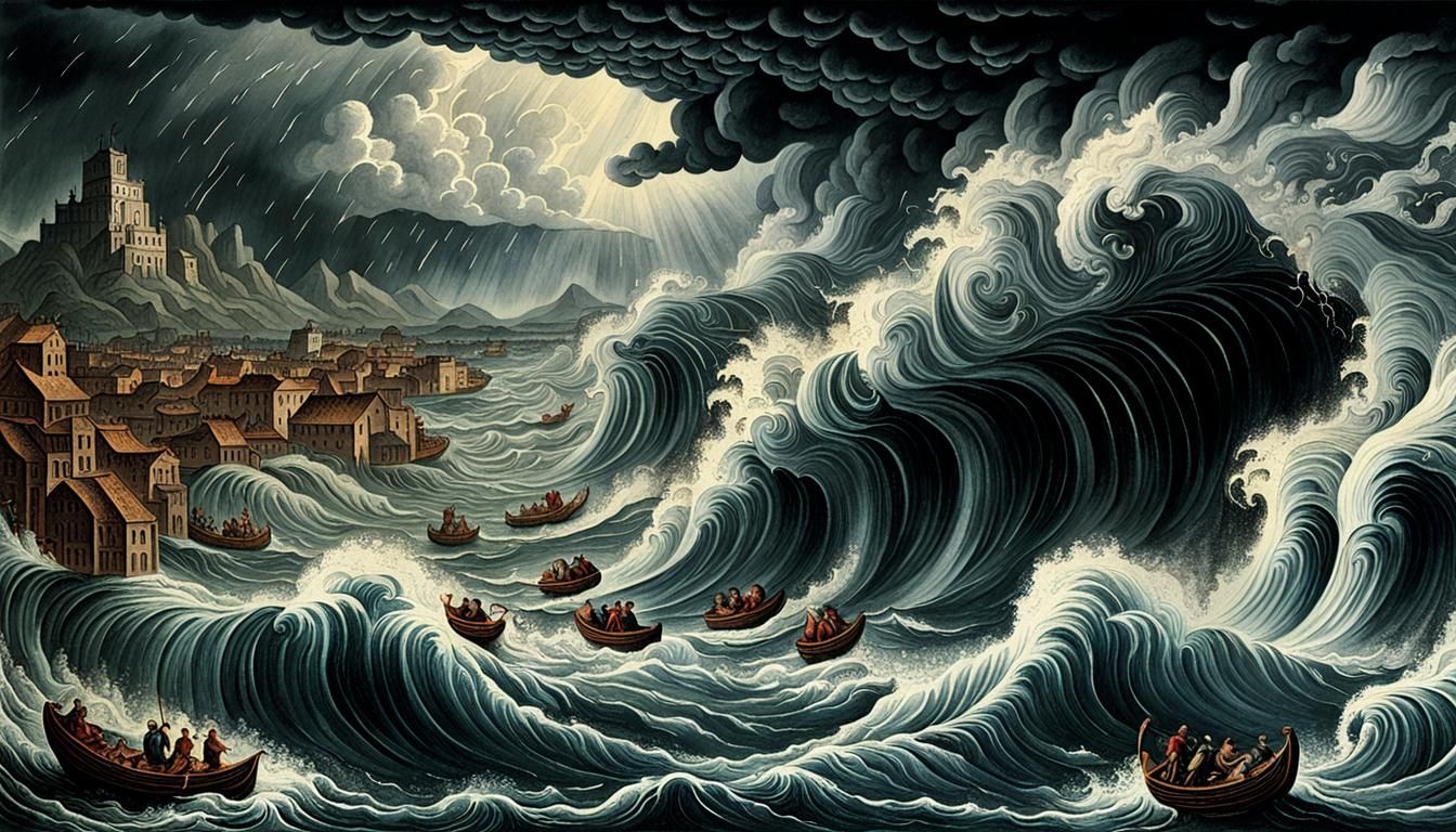 Deluge Scene Inspired by Virgil Solis Engraving