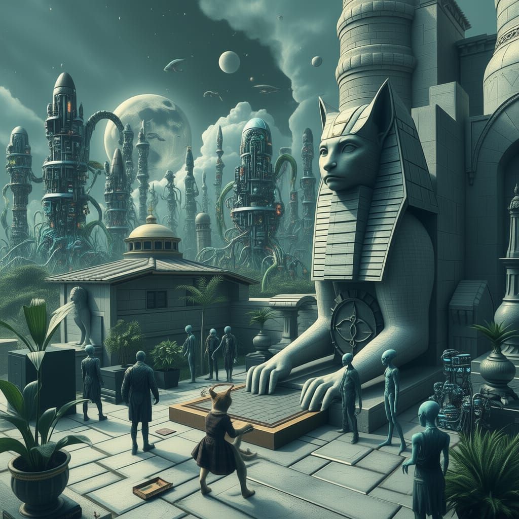 Cyberpunk Planet with Aliens and Computer Architecture