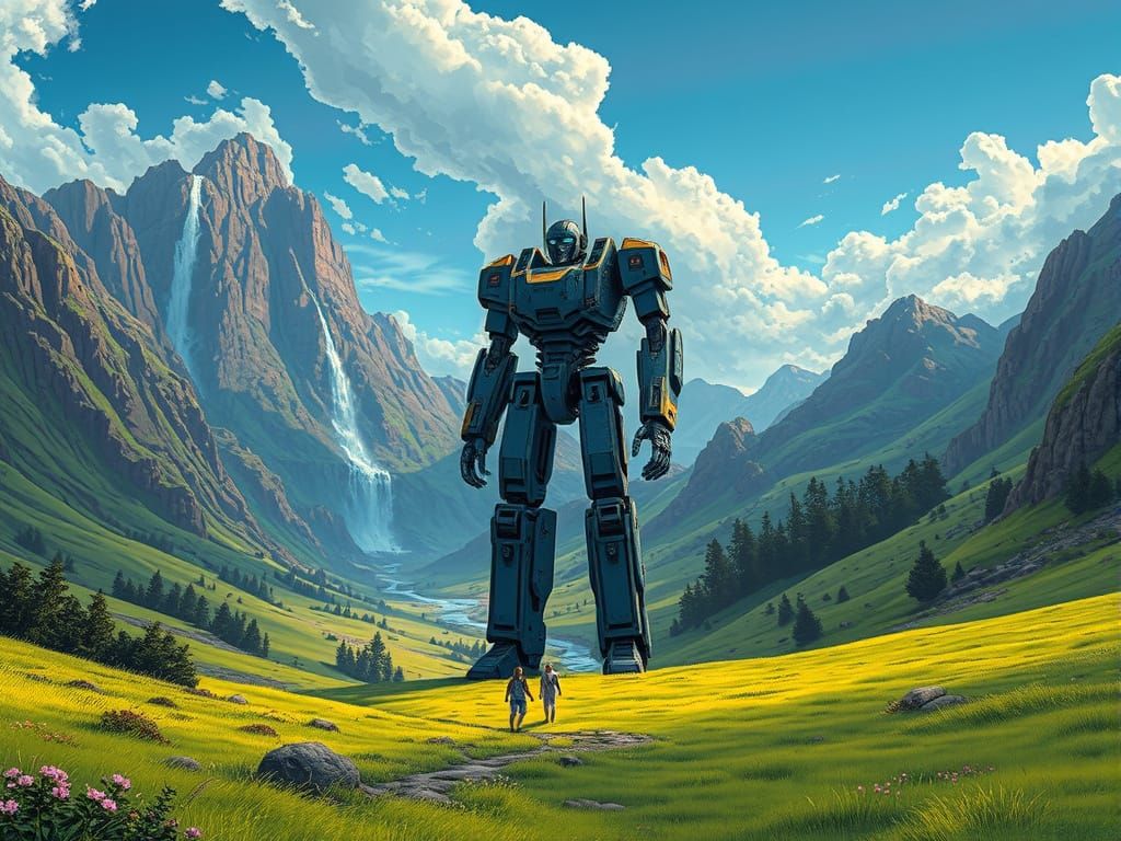 Surreal Valley Scene with Giant Robot and Waterfall in Cyber...