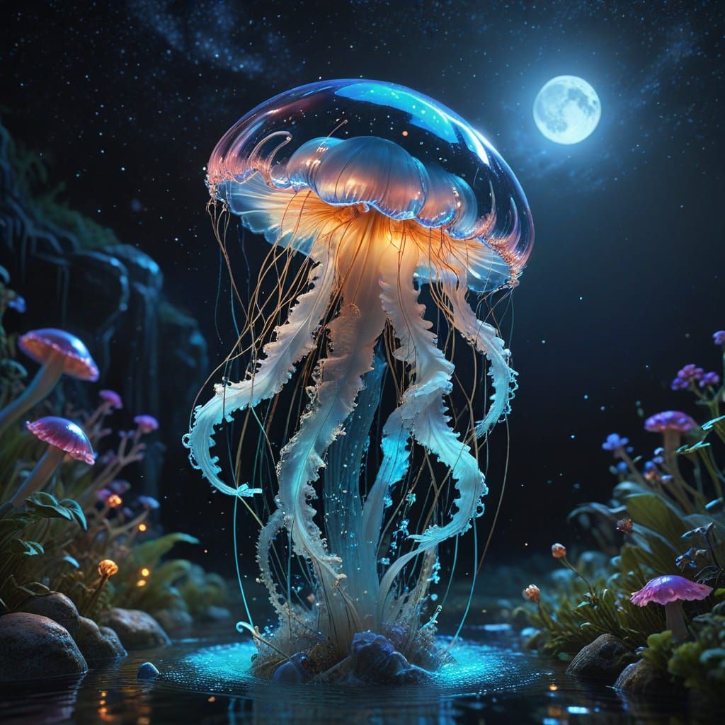 Bioluminescent Jellyfish in Starry Ocean, Digital Art
