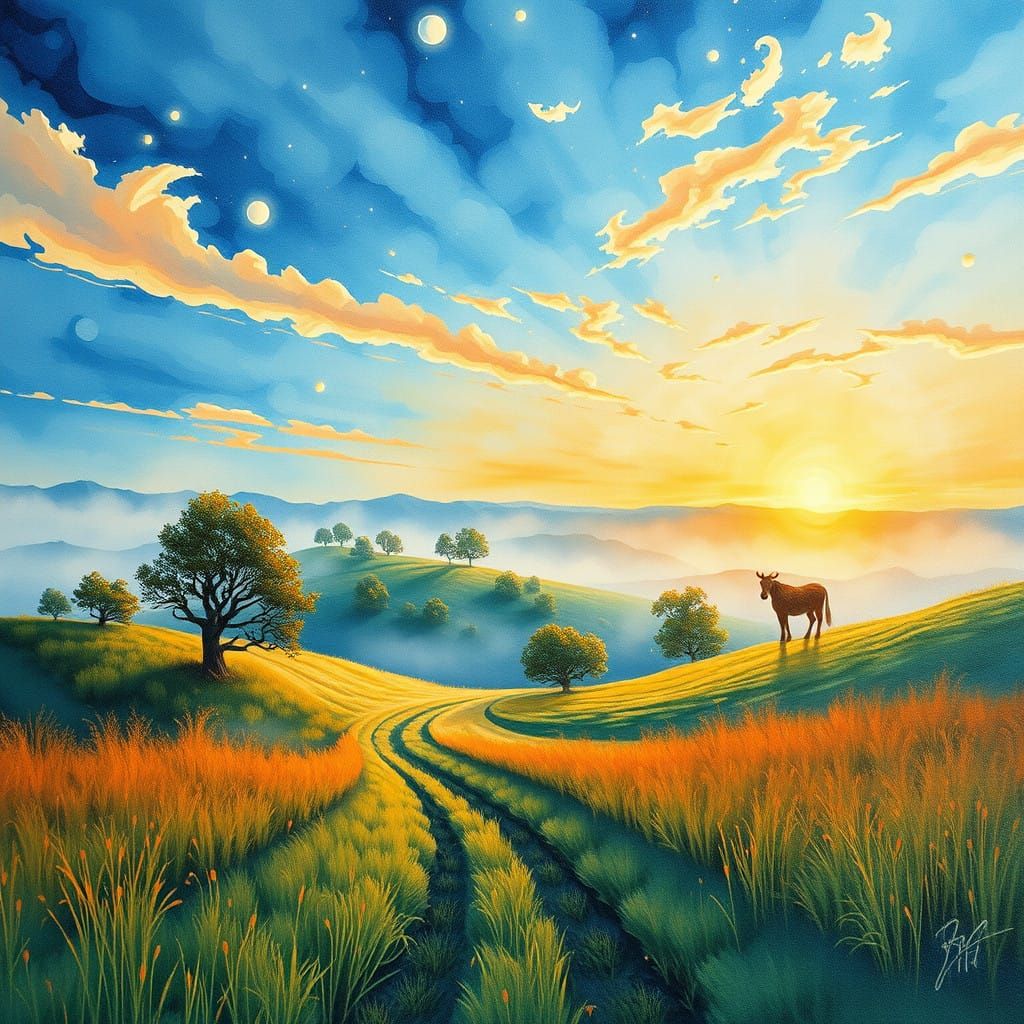 Whimsical Impressionist Countryside Scene in Voluminous Brus...