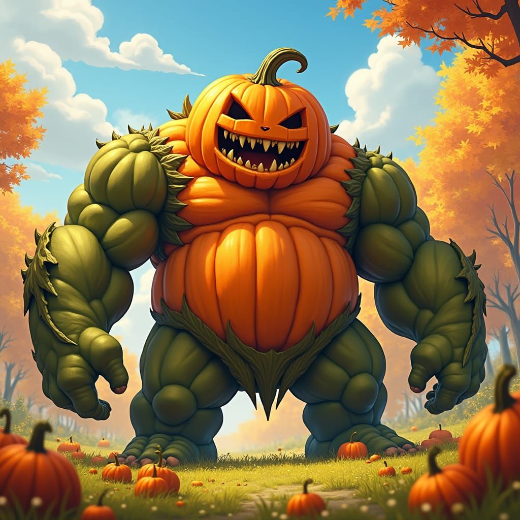 Cute Muscular Pumpkin in Field: Digital Art