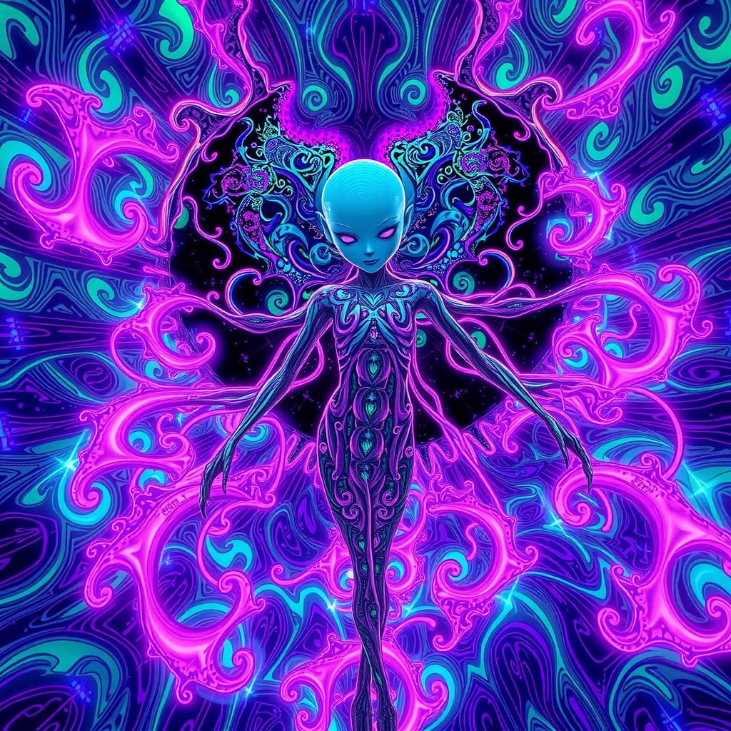 Surreal, Neon Dream Being in Vibrant, Whirling Patterns