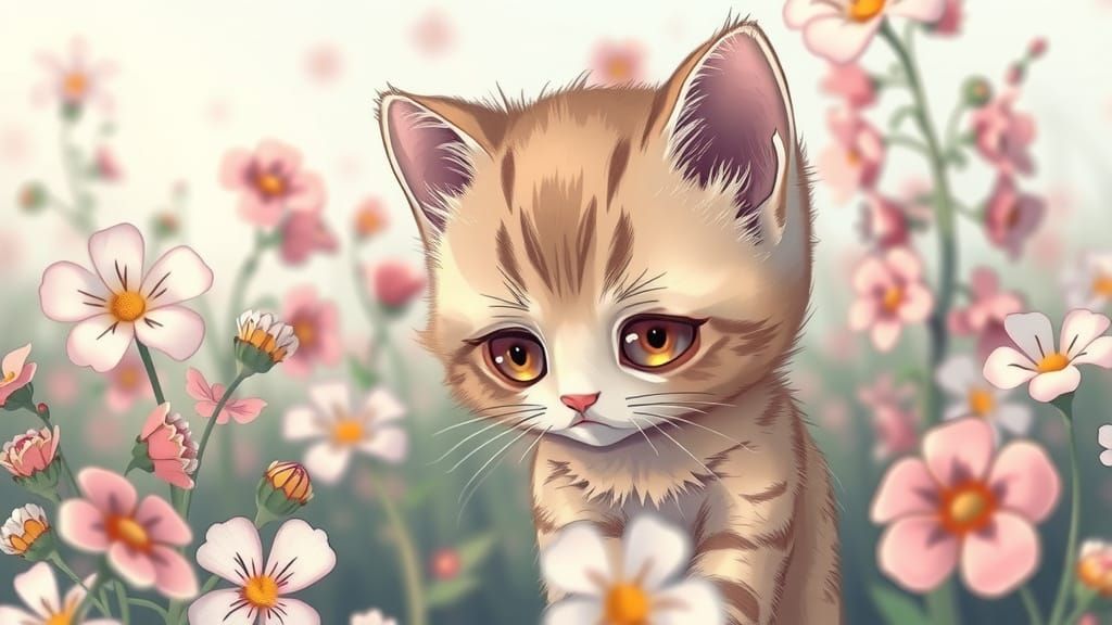 Cute Kitten in Kawaii Art Style Among Flowers