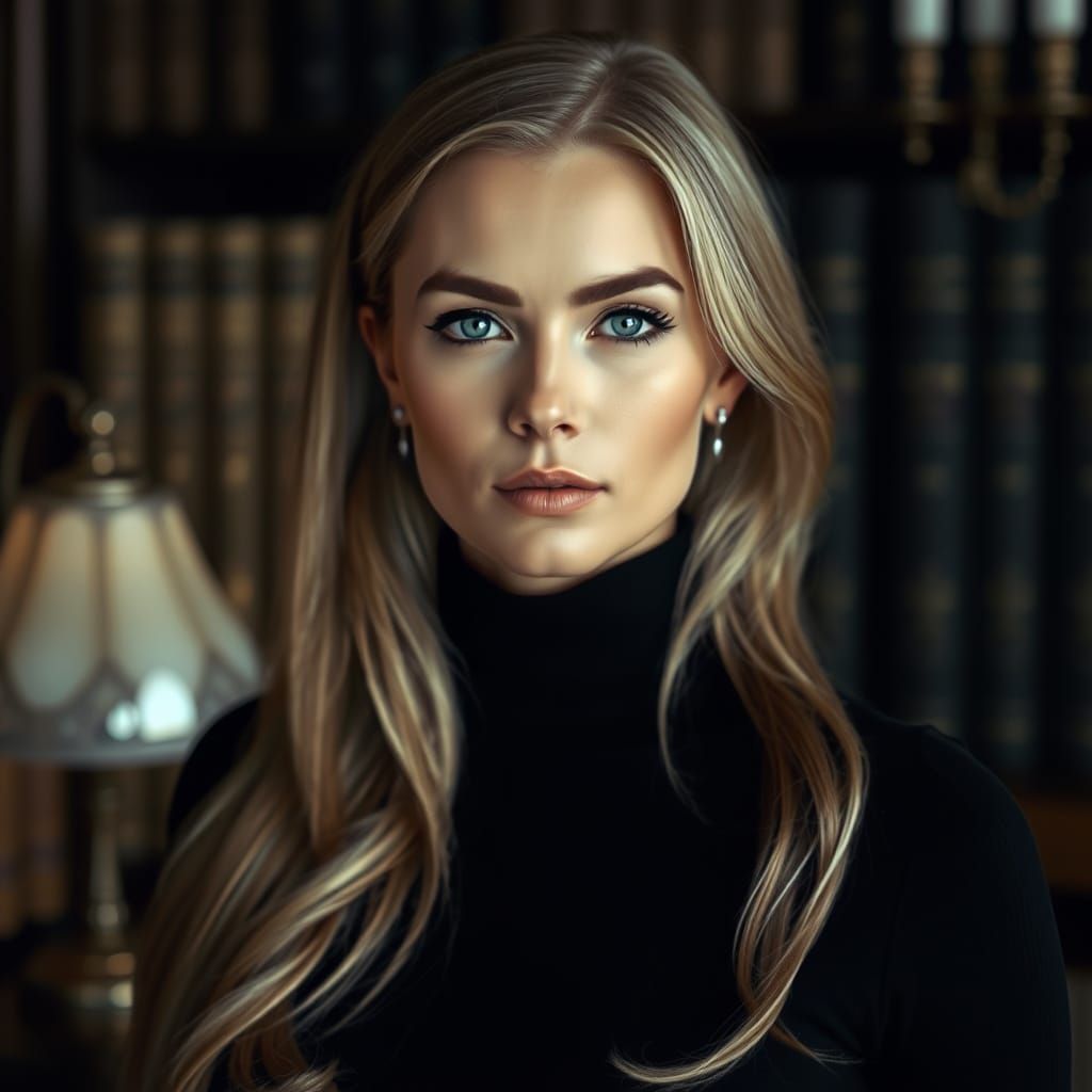 rA dramatic portrait photograph captures a strikingly beautiful woman with long, flowing blonde hair and captivating vio...