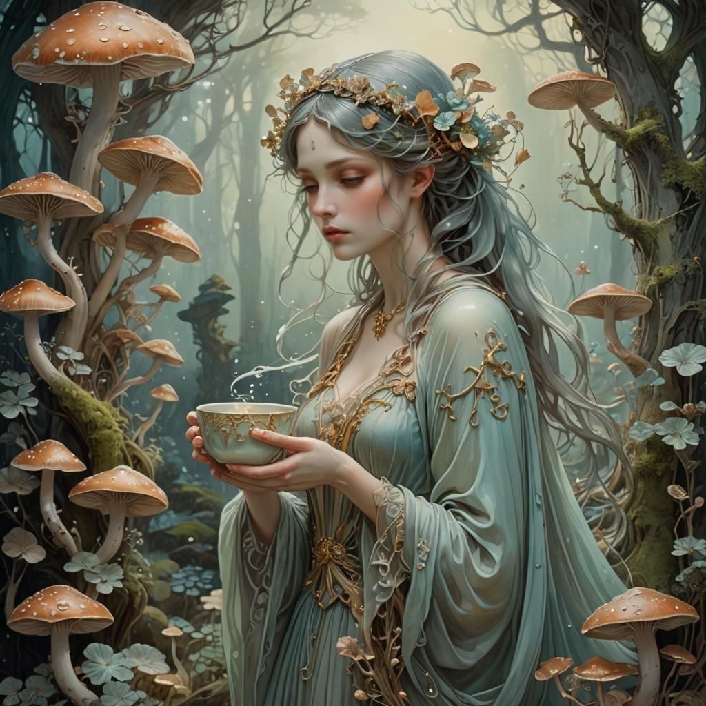 George Barbier Alfons Mucha Luis Royo pixie cup lichen art noveau soft strokes VEILED LADY mushroom fairy BIOLUMINESCENT...