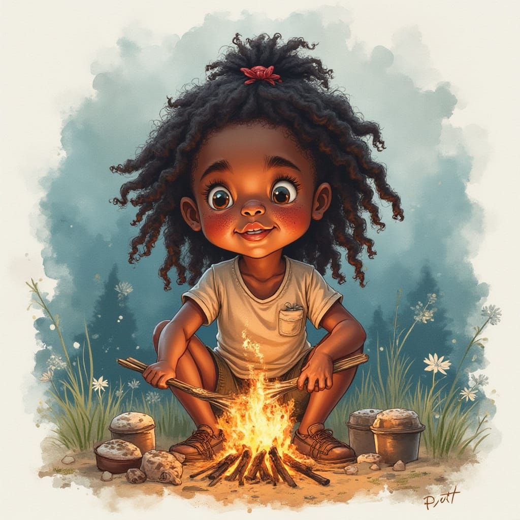 Camping Girl Roasting Marshmallows: Watercolor Art