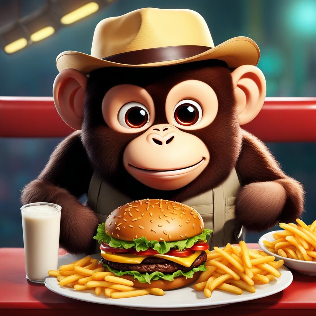 Muscular Monkey Jackson Enjoying Many Hamburgers