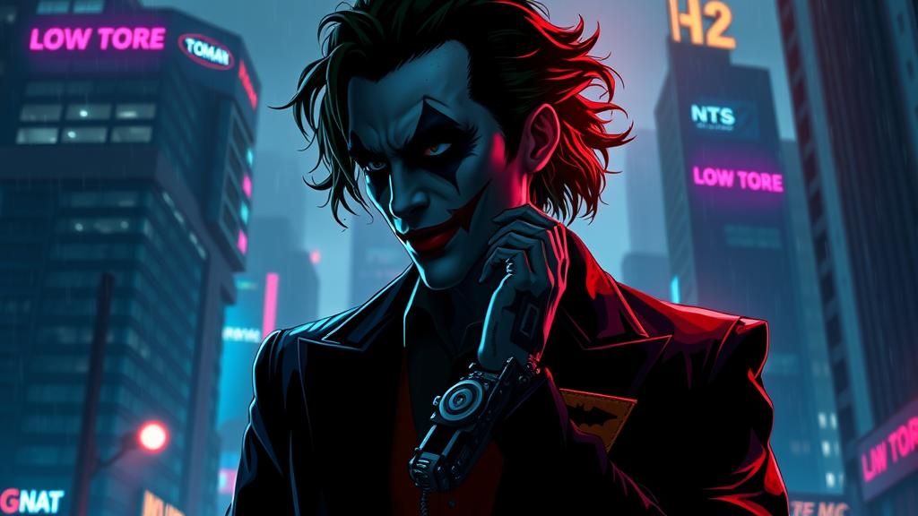 Cyberpunk Joker Silhouette in Neon Gotham