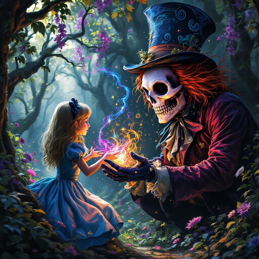 Mad Hatter Magician with Skull Face in Dreamlike Forest
