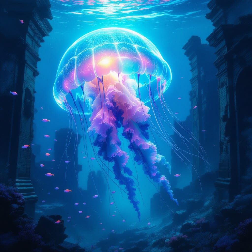 Ethereal Jellyfish Illuminates Sunken City Ruins