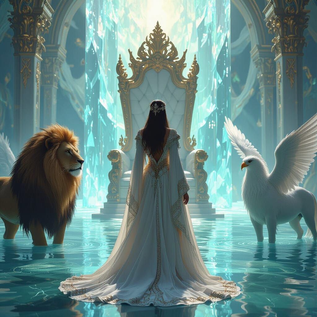 Regal Woman Before Crystal Sea: Surreal Art