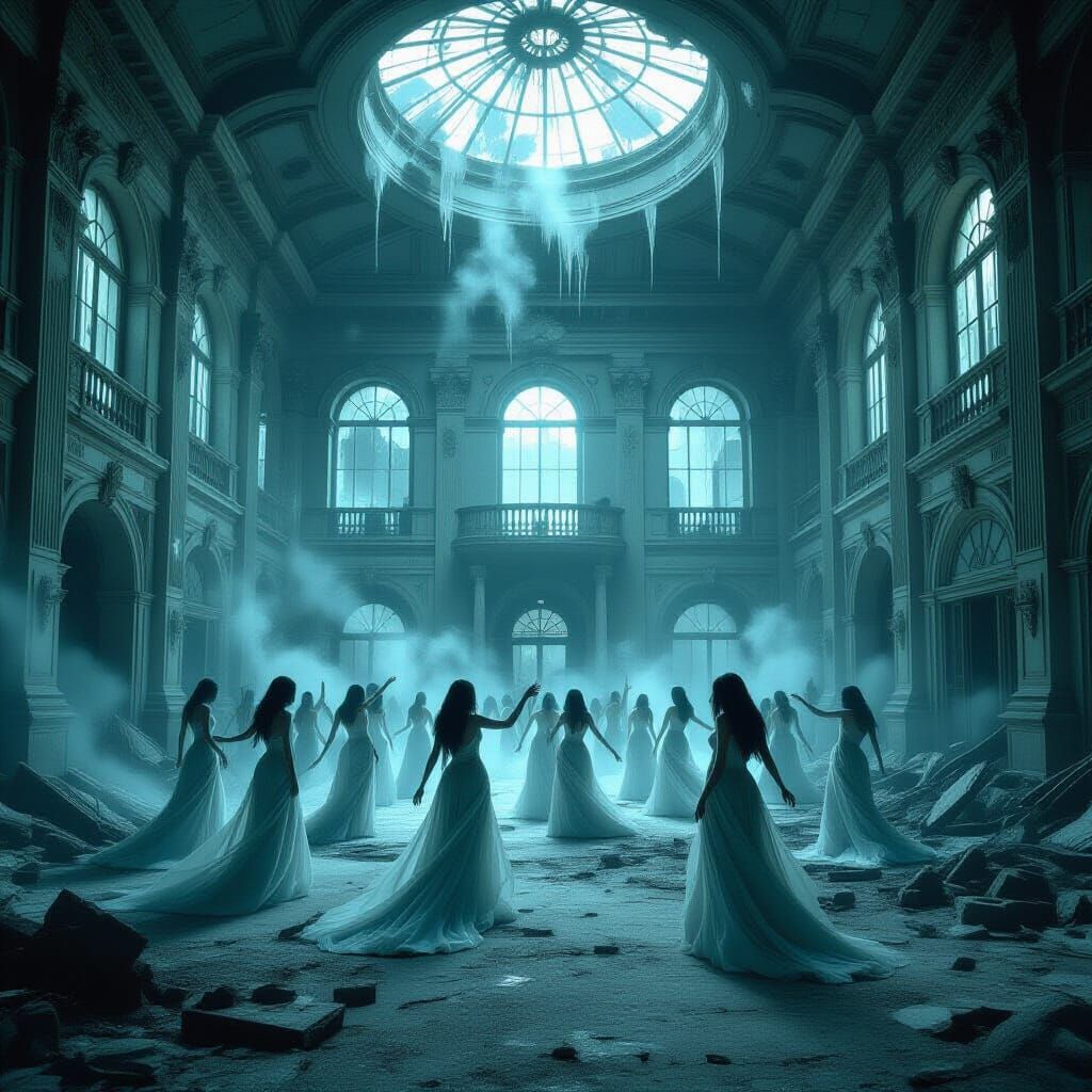 Art Nouveau Ballroom Ruin with Ethereal Dancers