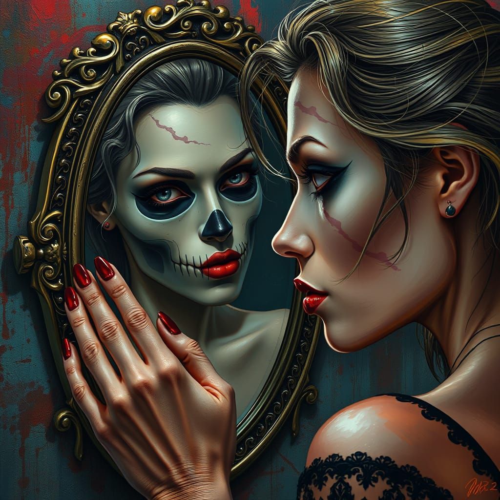 Beautiful Woman Confronts Macabre Reflection in Hyperrealist...