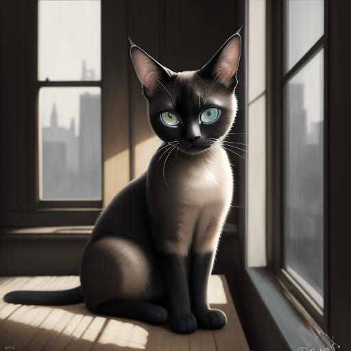 Siamese Cat in Sunlit Room Ink Wash Painting