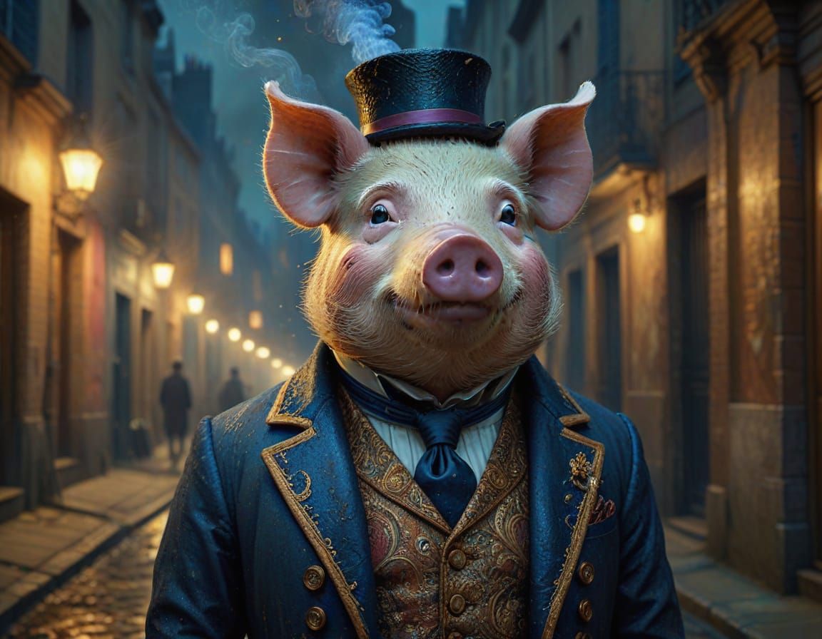 Elegant Pig in Edwardian Finery: A Pop-Surreal Masterpiece