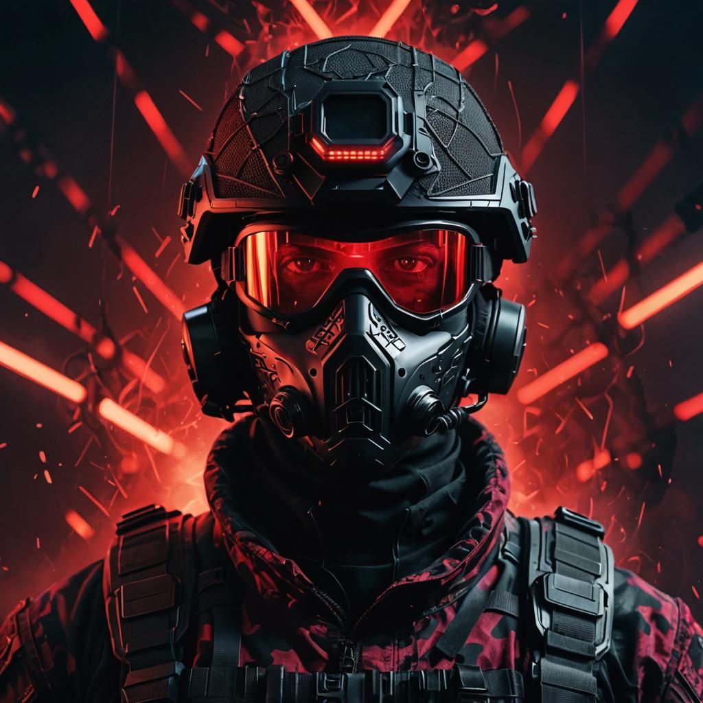 Futuristic Soldier Portrait with Glowing Runes