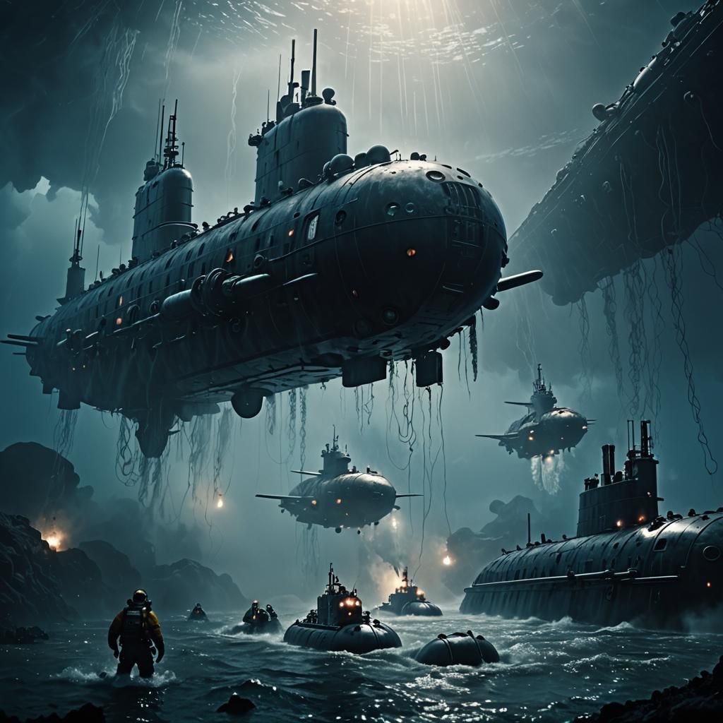 Sci-Fi Submarine Launching in Deep Sea Trench