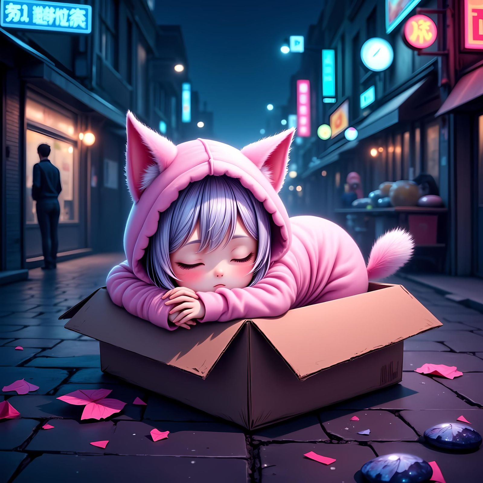 Cute Cat Girl Sleeping in Box at Night