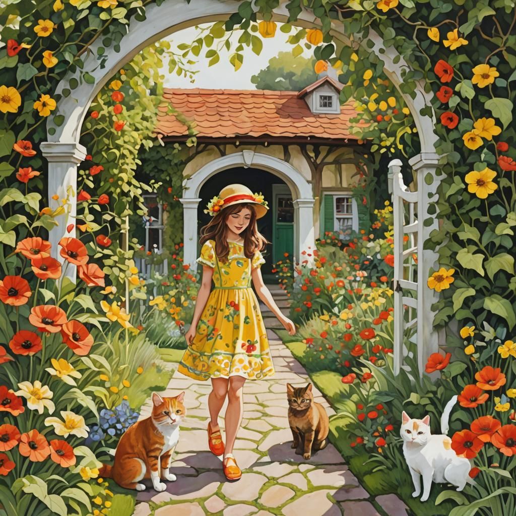 Girl with Cat in Flower Garden: Gouache Painting