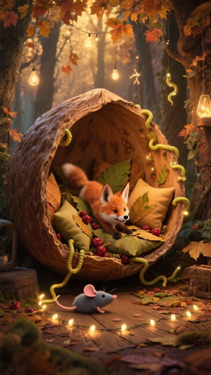 Whimsical Fox Cub in Giant Nutshell Home