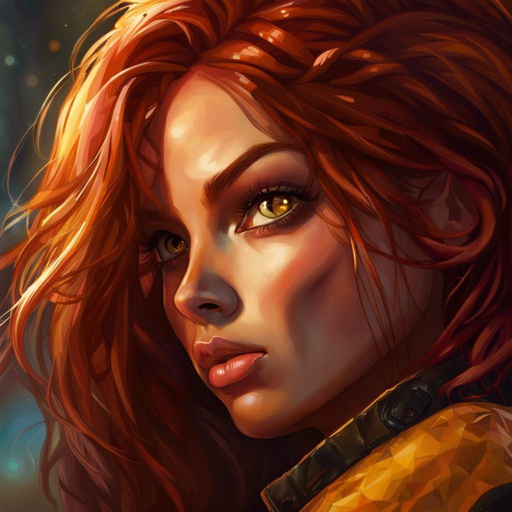 Hyperrealistic Rogue with Auburn Hair and Amber Eyes