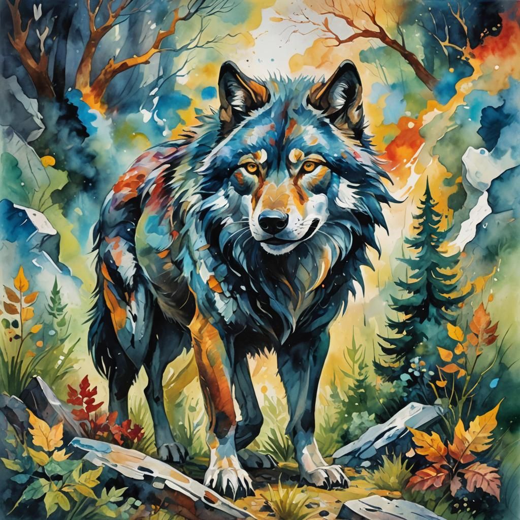 Elemental Wolf in Gouache Watercolor Style