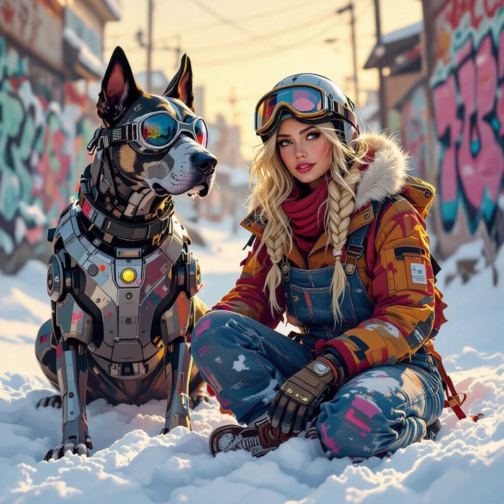 Aasimar Artificer in Winter Gear with Robotic Dog