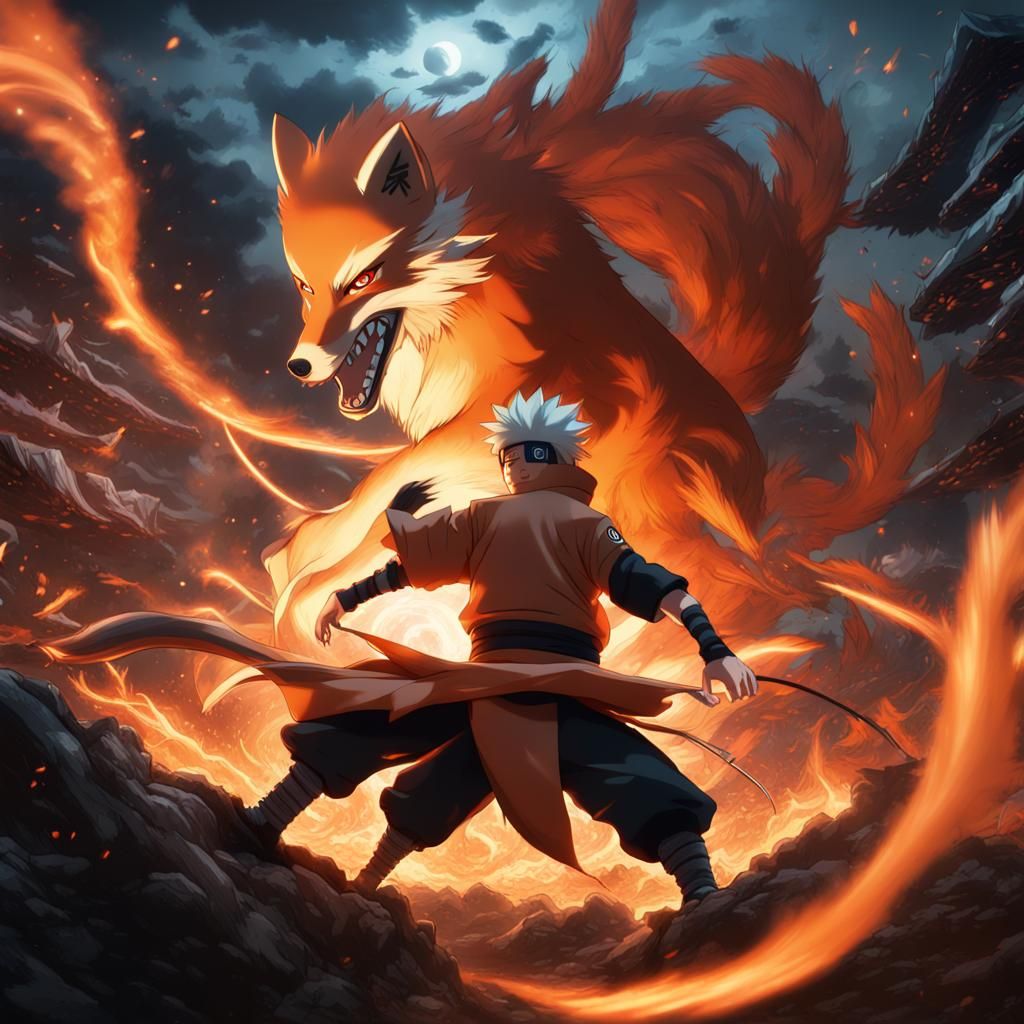 Naruto and Nine-Tailed Fox Fighting: Fantasy Art