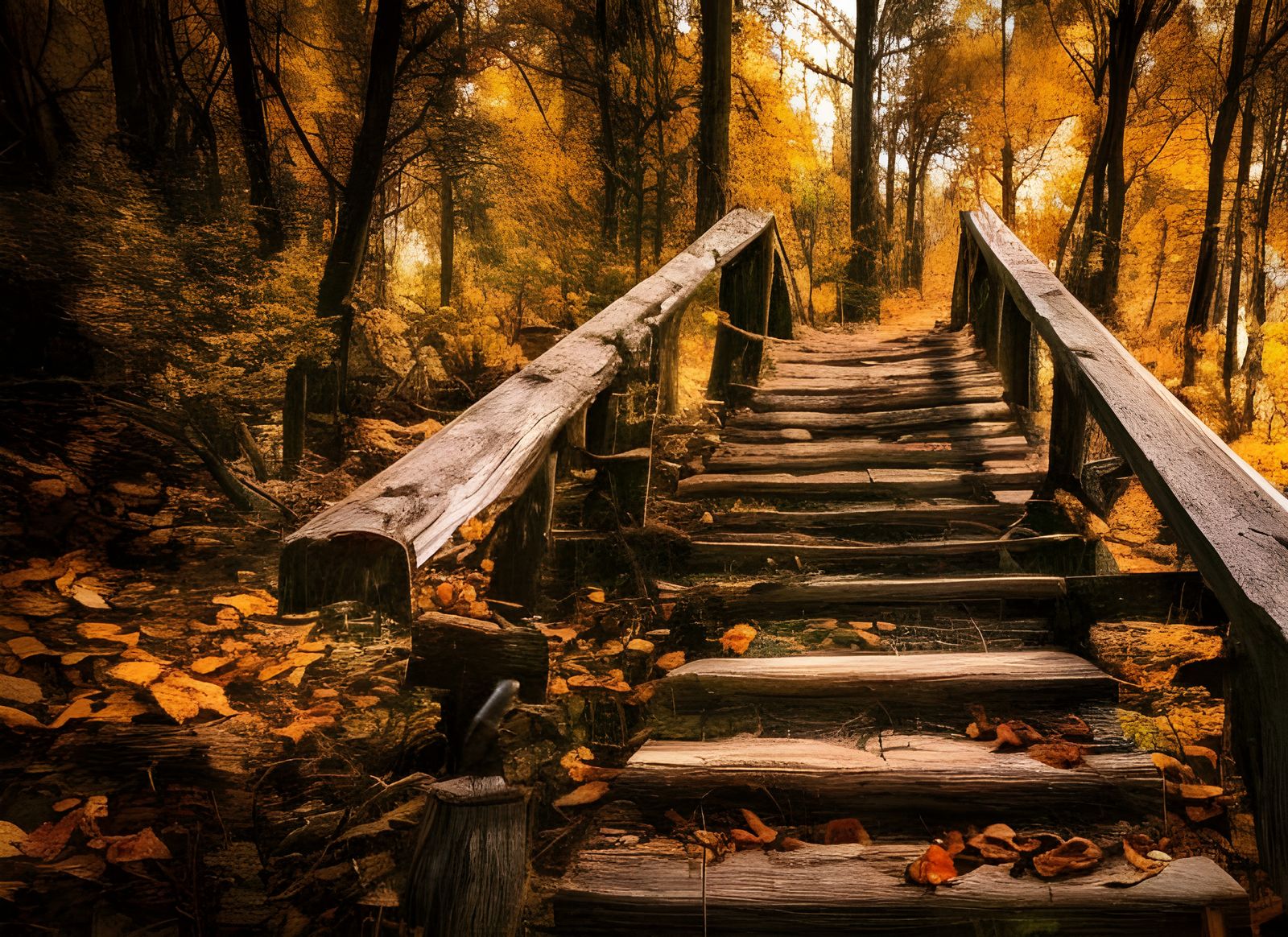 Autumn Forest Trail with Ancient Wooden Stairs
