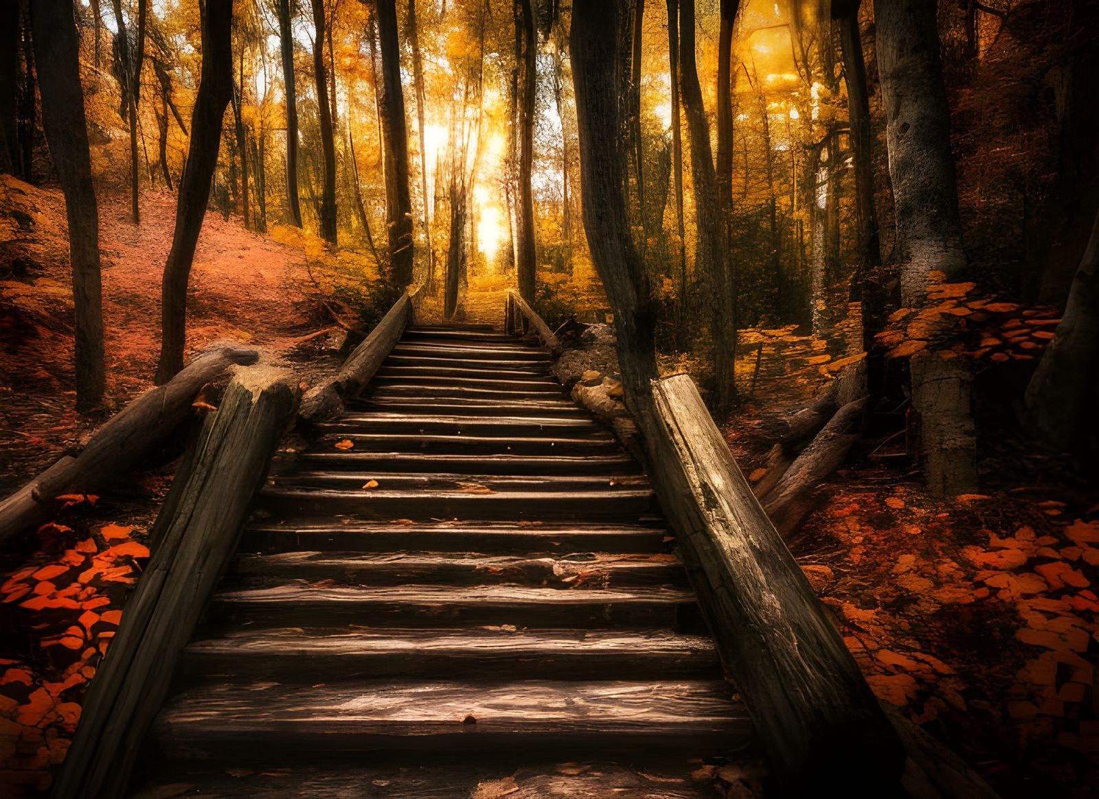 Autumn Forest Trail with Old Wooden Stairs