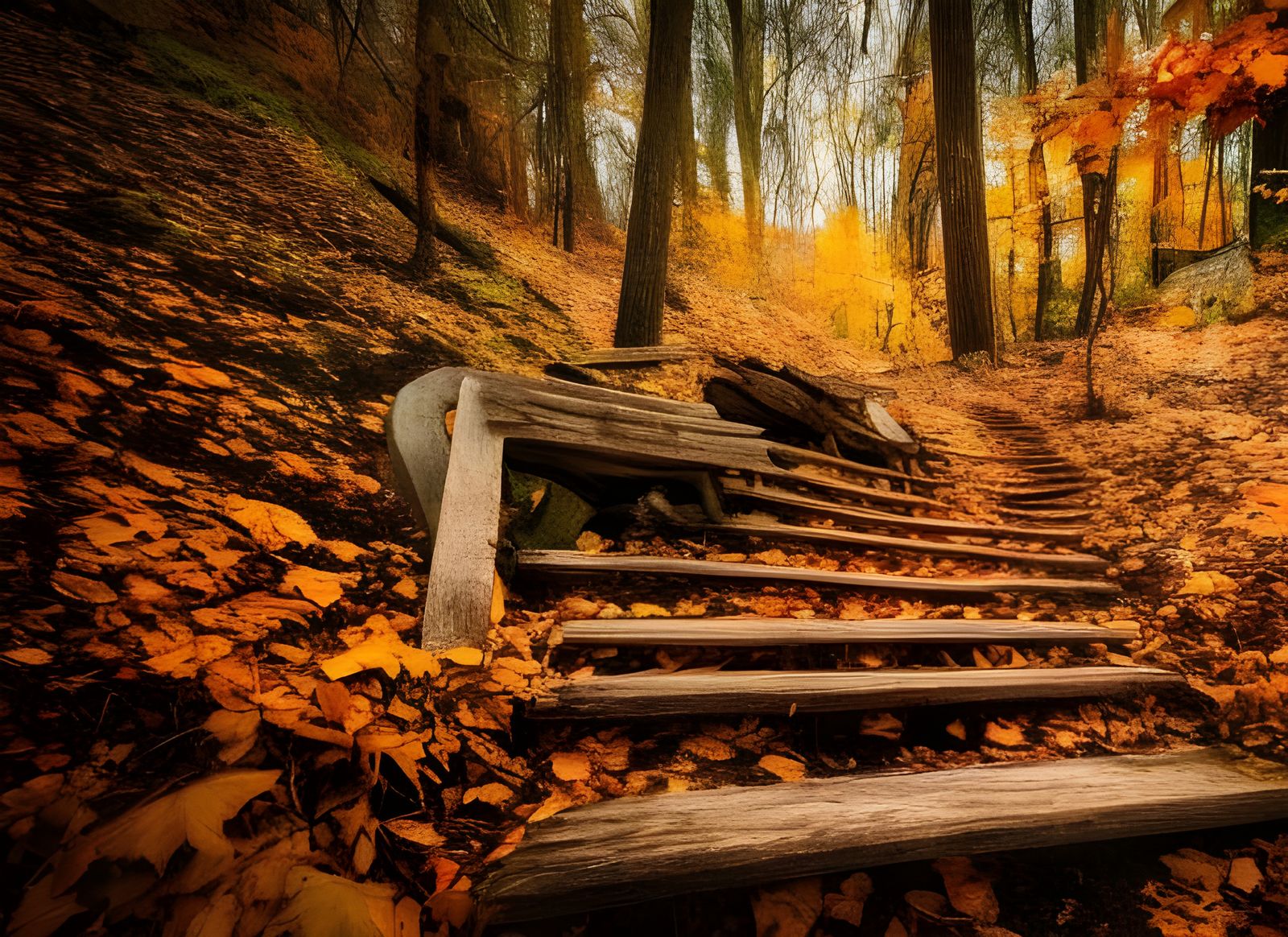 Mysterious Autumn Hiking Trail With Ancient Wooden Stairs