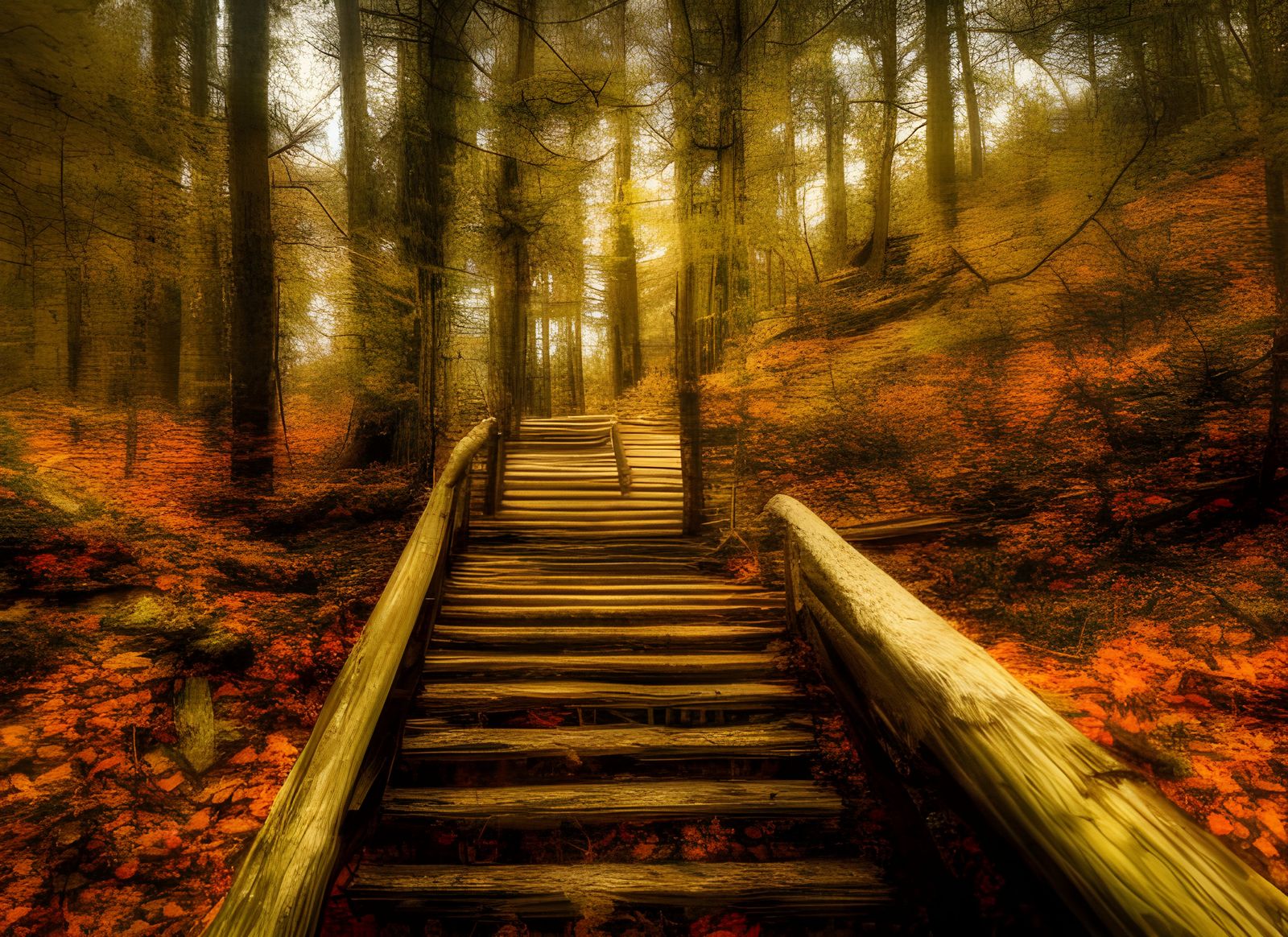 Autumn Forest Hiking Trail with Old Wooden Stairs