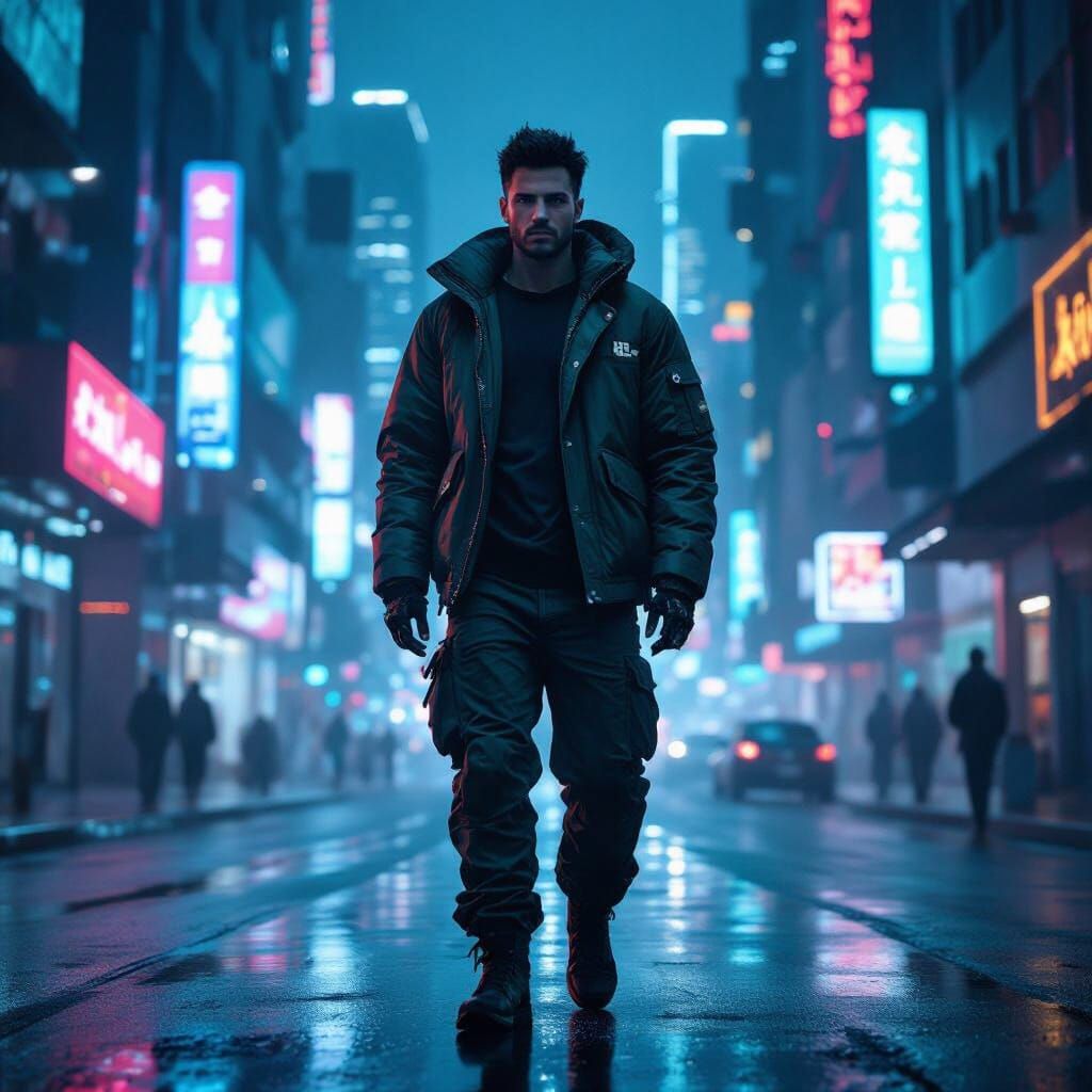 Brazilian Man in Futuristic Dystopian City
