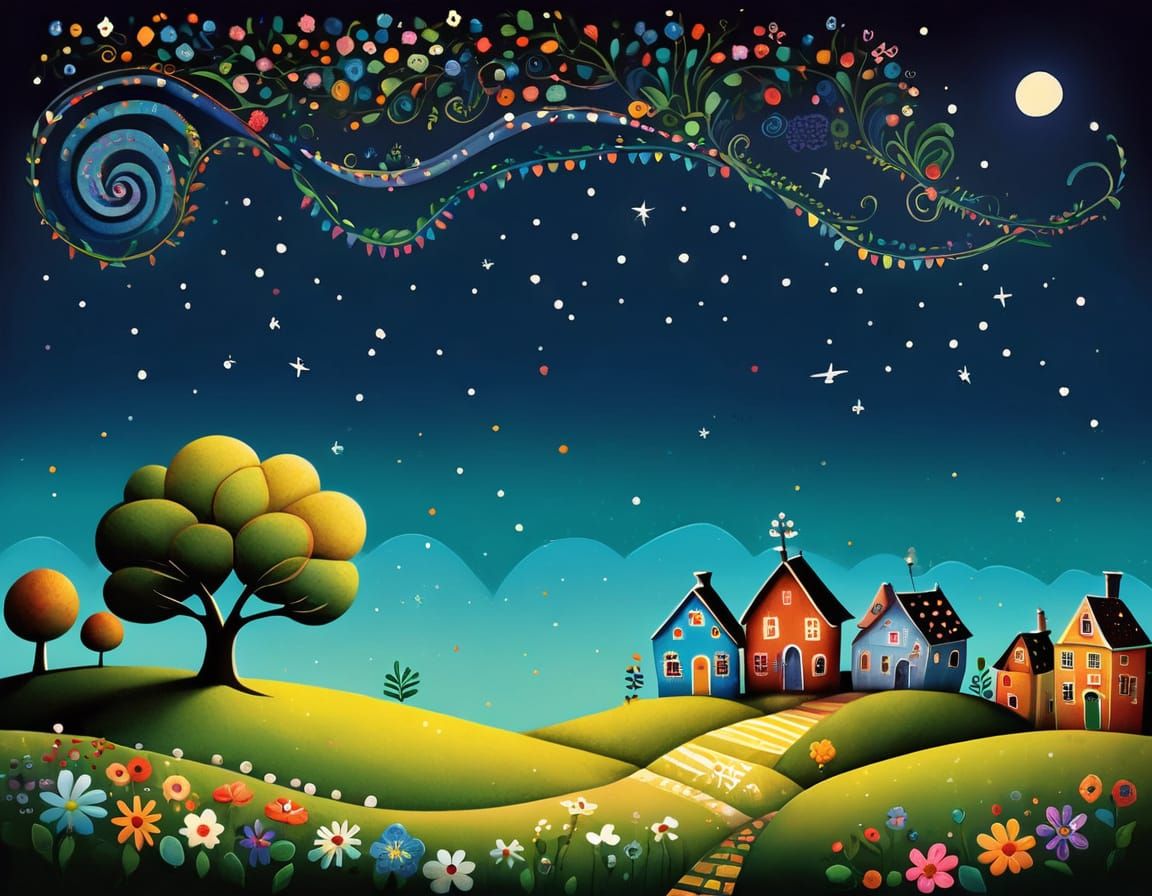 Whimsical Folk Art Village in Vibrant Landscape