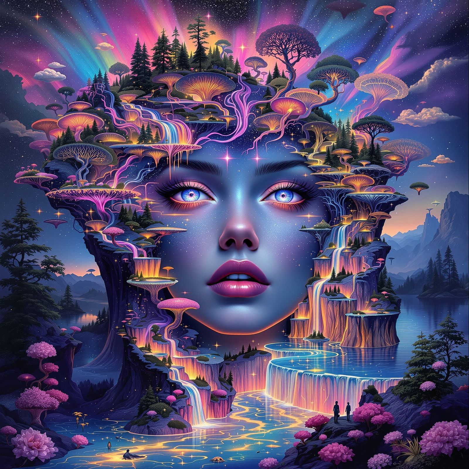 Surreal Woman Face Merges with Fantastical Crystal Landscape