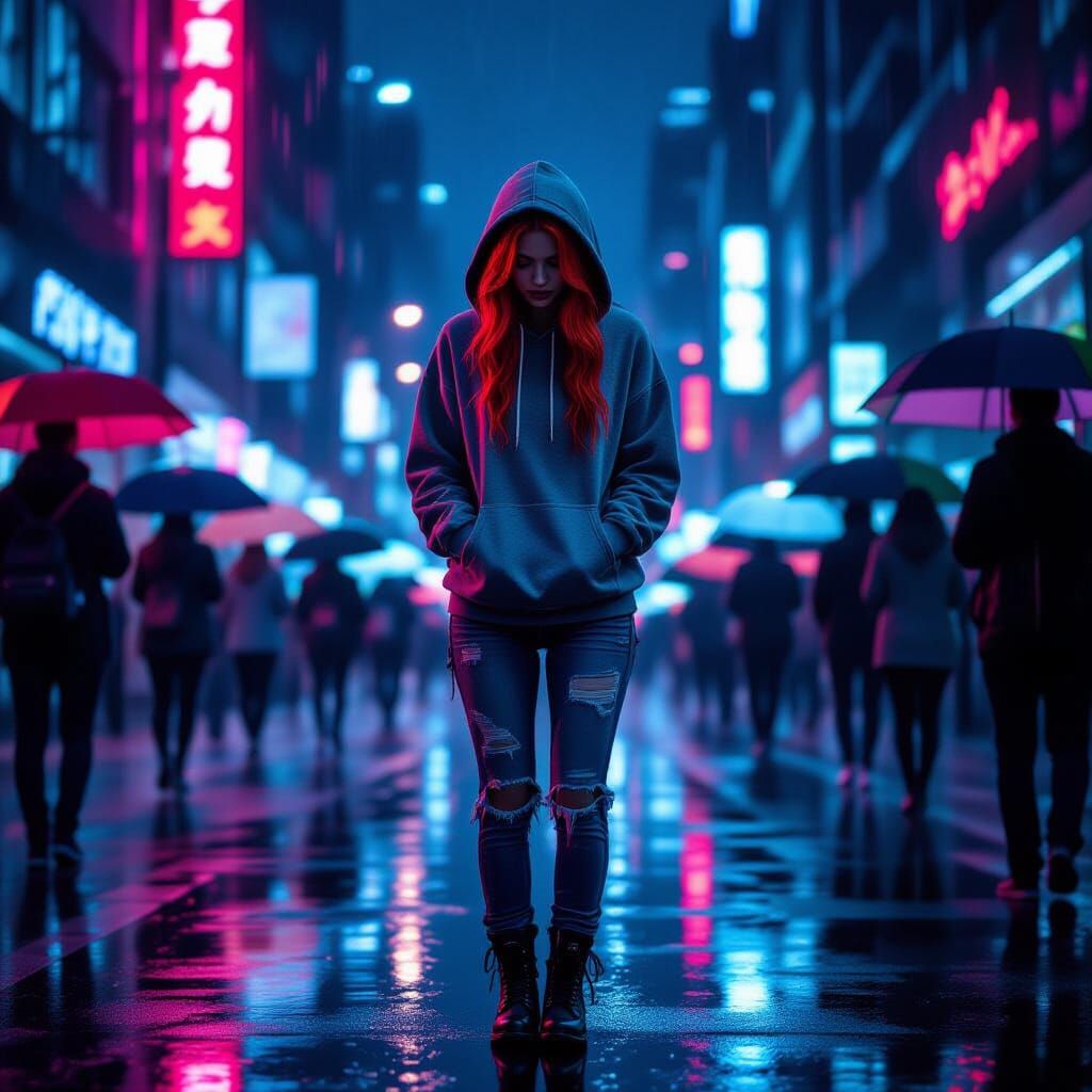 Cyberpunk Woman in Neon Rain